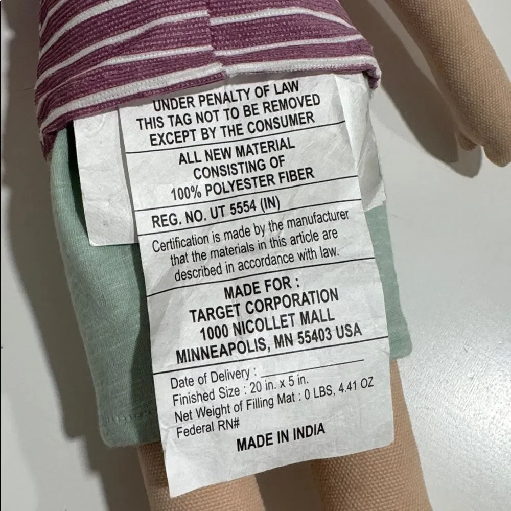 Pillowfort Doll with Striped Purple Shirt and Green Shoes NWOT